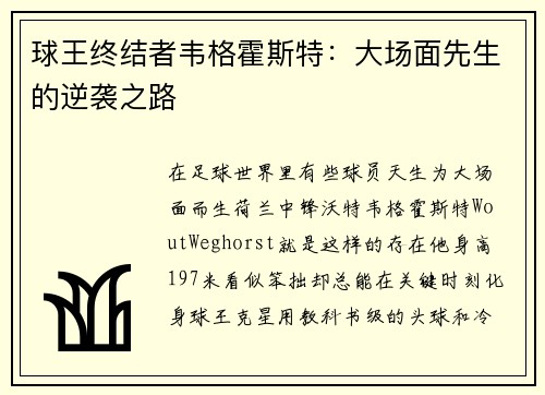 球王终结者韦格霍斯特：大场面先生的逆袭之路