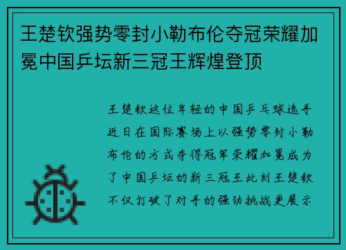 王楚钦强势零封小勒布伦夺冠荣耀加冕中国乒坛新三冠王辉煌登顶